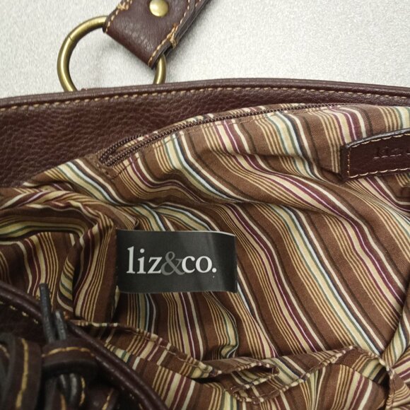 Liz & Co. Brown Faux Leather Tote Bag With Striped Fabric Lining & Multiple Comp - Picture 10 of 15